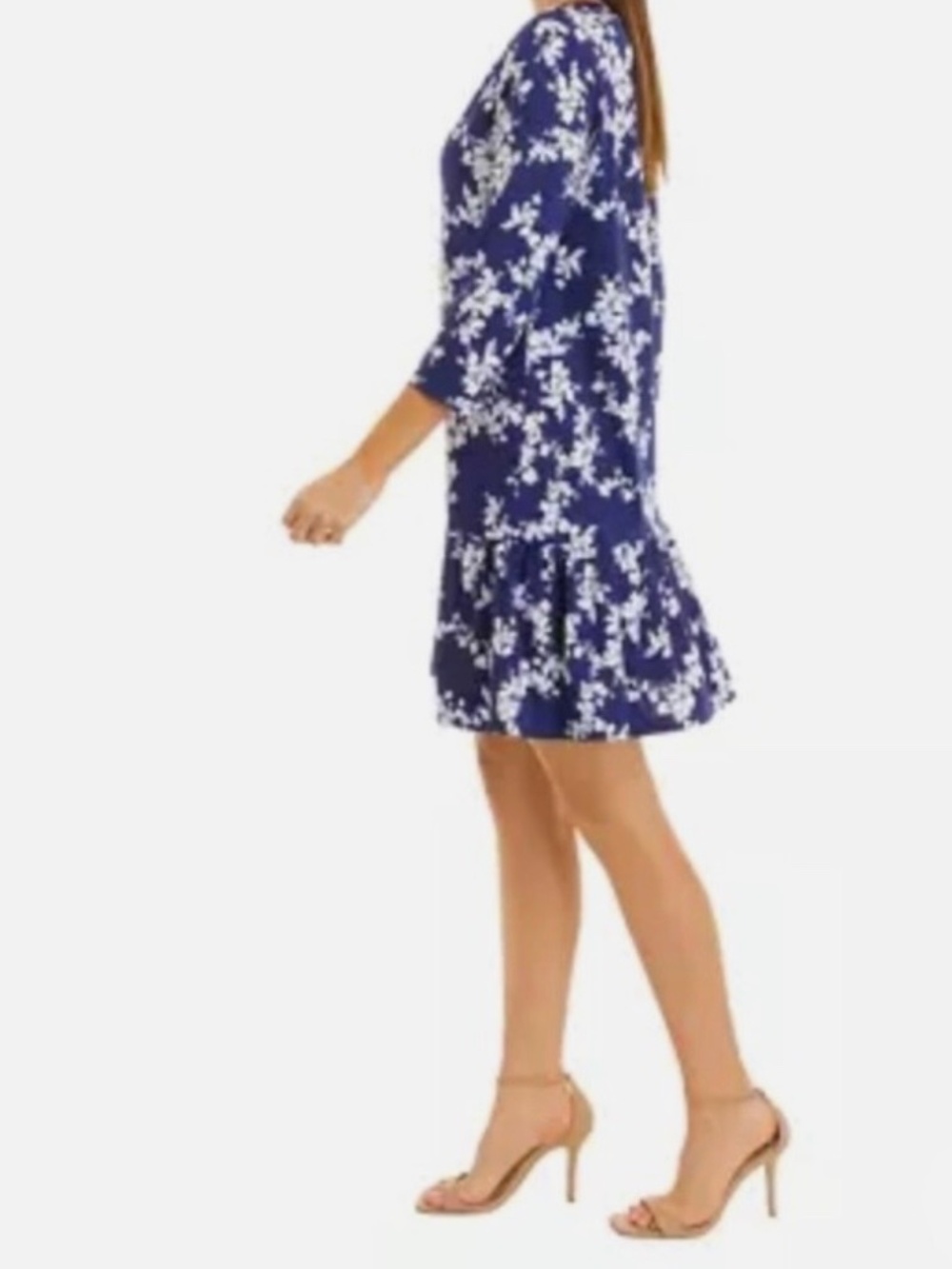AGB Floral Print Ruffle Hem Dress 3/4 Sleeve Split Neck Size Small Blue